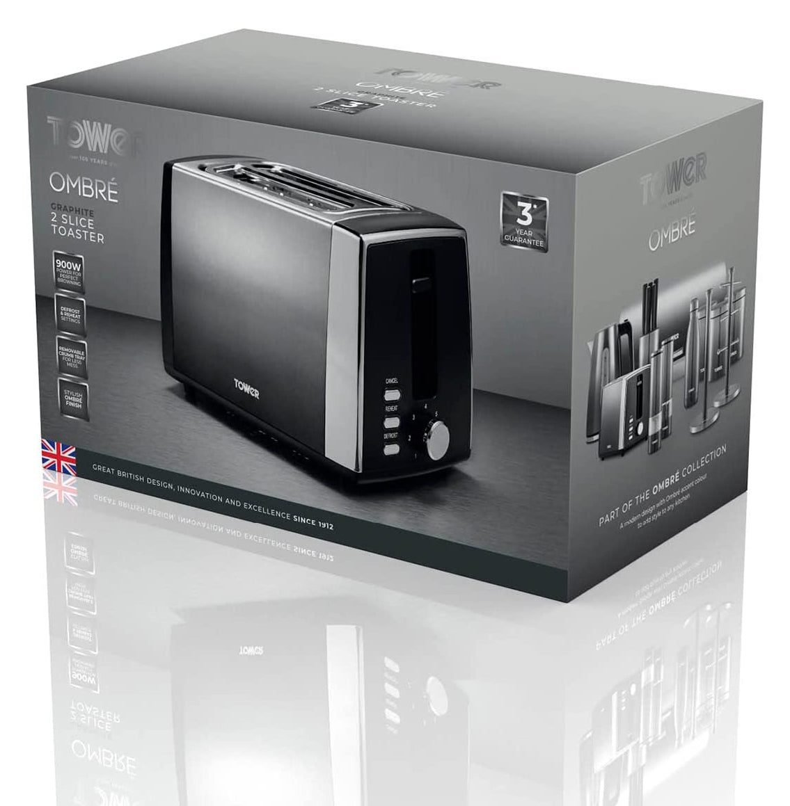 Tower Electric Grey 2 Slice Toaster Infinity Ombre Graphite 900W (T20038GRP)