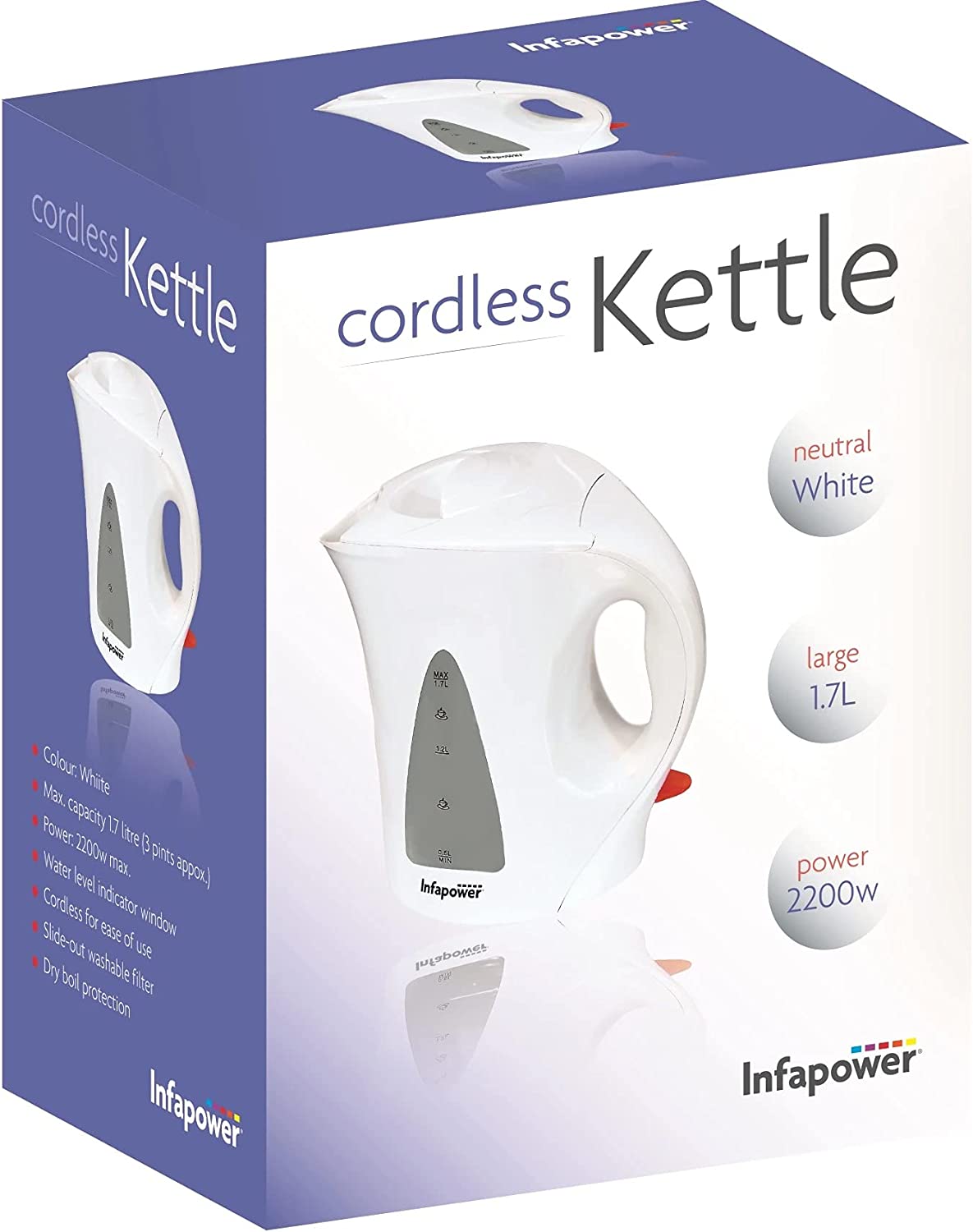 Cordless Electric White Kettle Infapower 2200w 1.7L (X501)