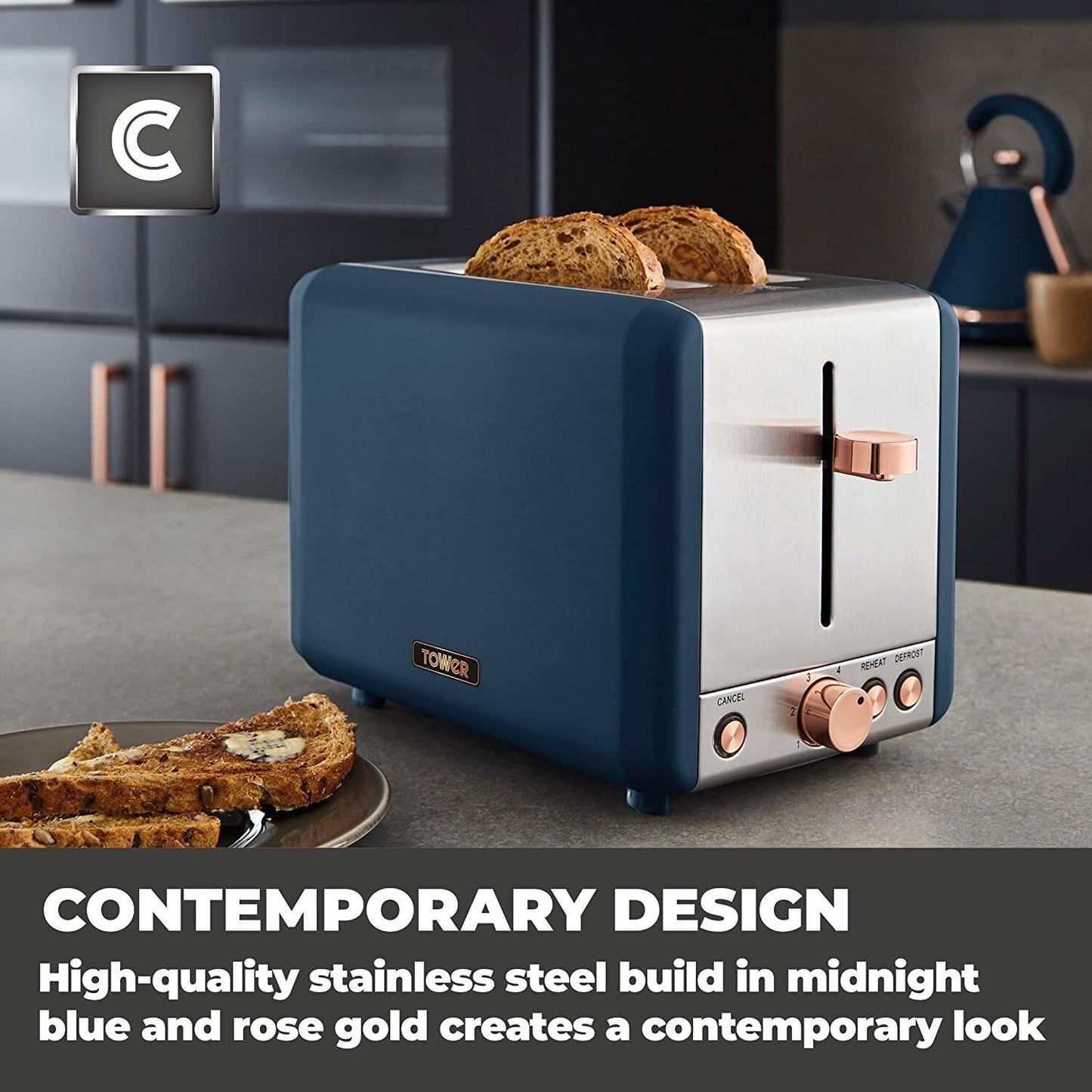 Tower Electric Stainless Steel  2 Slice Toaster Blue Rose and Gold Cavaletto 850W (T20036MNB)